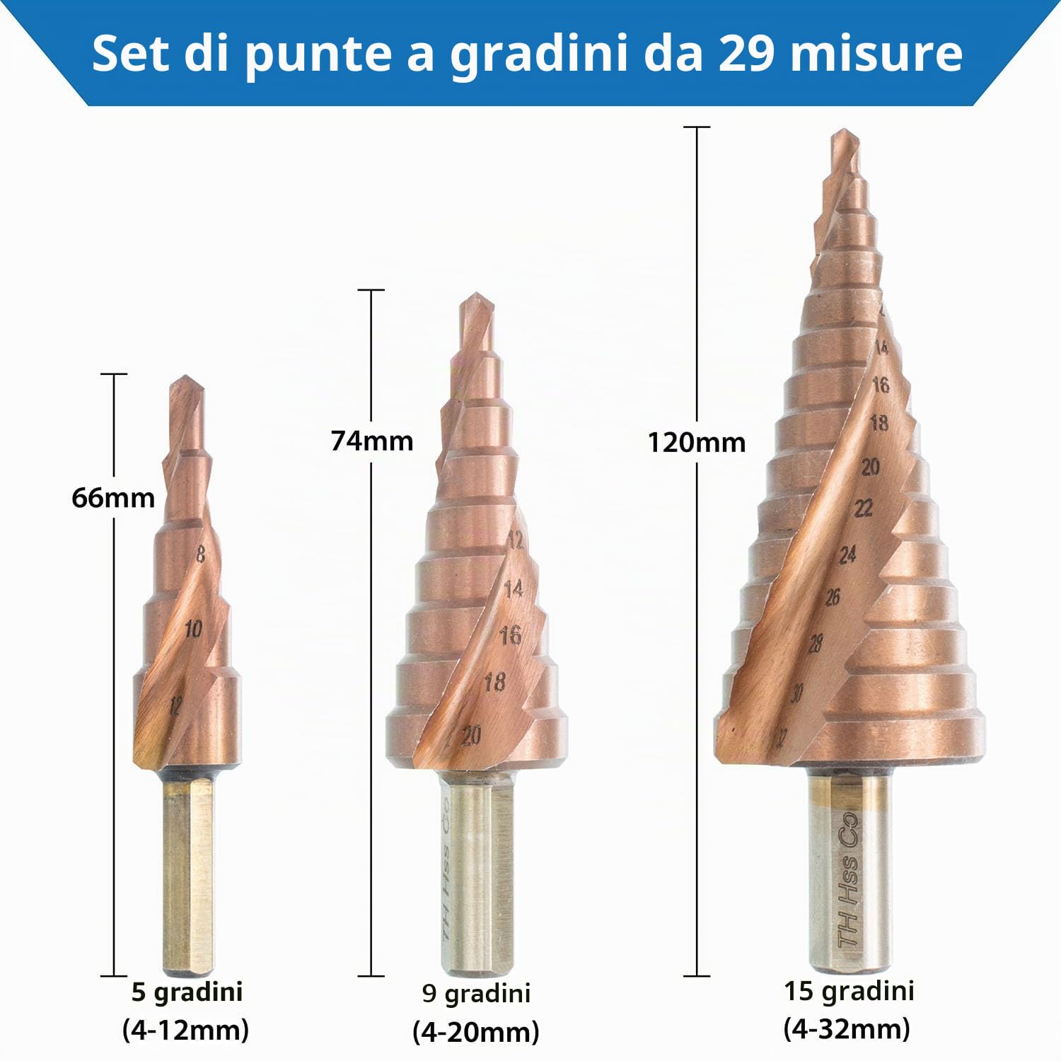 TJR HSS-E M35 - Set di 3 punte a gradini in cobalto, 2 scanalature a spirale, 29 livelli (4-32 mm), per una foratura rapida in acciaio inossidabile, acciaio legato, metalli non ferrosi e plastica