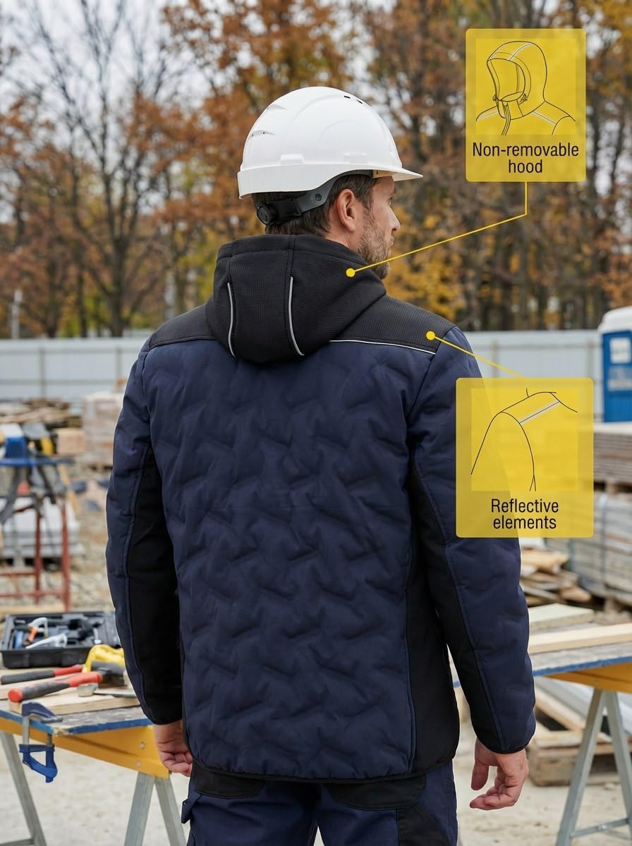 Men's Work Jacket with Hood Waterproof Thermal Bonding Windproof Badge Multi Pockets