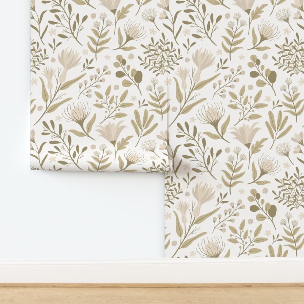 Spoonflower Removable Wallpaper 3ft x 2ft - Blooms Cream Green Flowers Floral Tan Neutral Custom Pre-Pasted Wallpaper