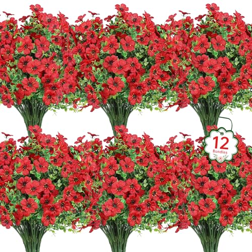 Ouddy Decor 12 Pcs Artificial Flowers for Outdoors Decorations, Red