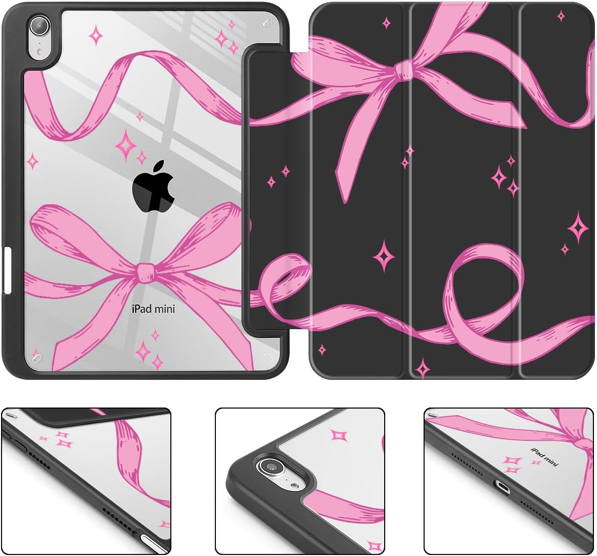 Tuiklol for iPad mini 7 (A17 Pro) 2024 / iPad mini 6 2021 8.3 inch Case, Built-in Pencil Holder Slim Clear Back Shell Cover Auto Wake/Sleep with iPad mini 7th / 6th Gen Cover, Bow
