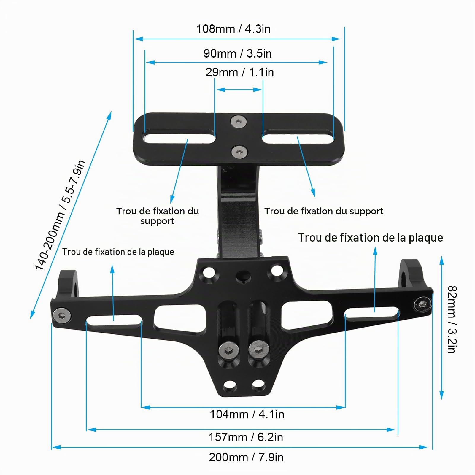Support de Plaque Immatriculation de Moto, Support de Plaque Immatriculation de Moto Réglable en Alliage Aluminium CNC pour Moto ATV (Noir)