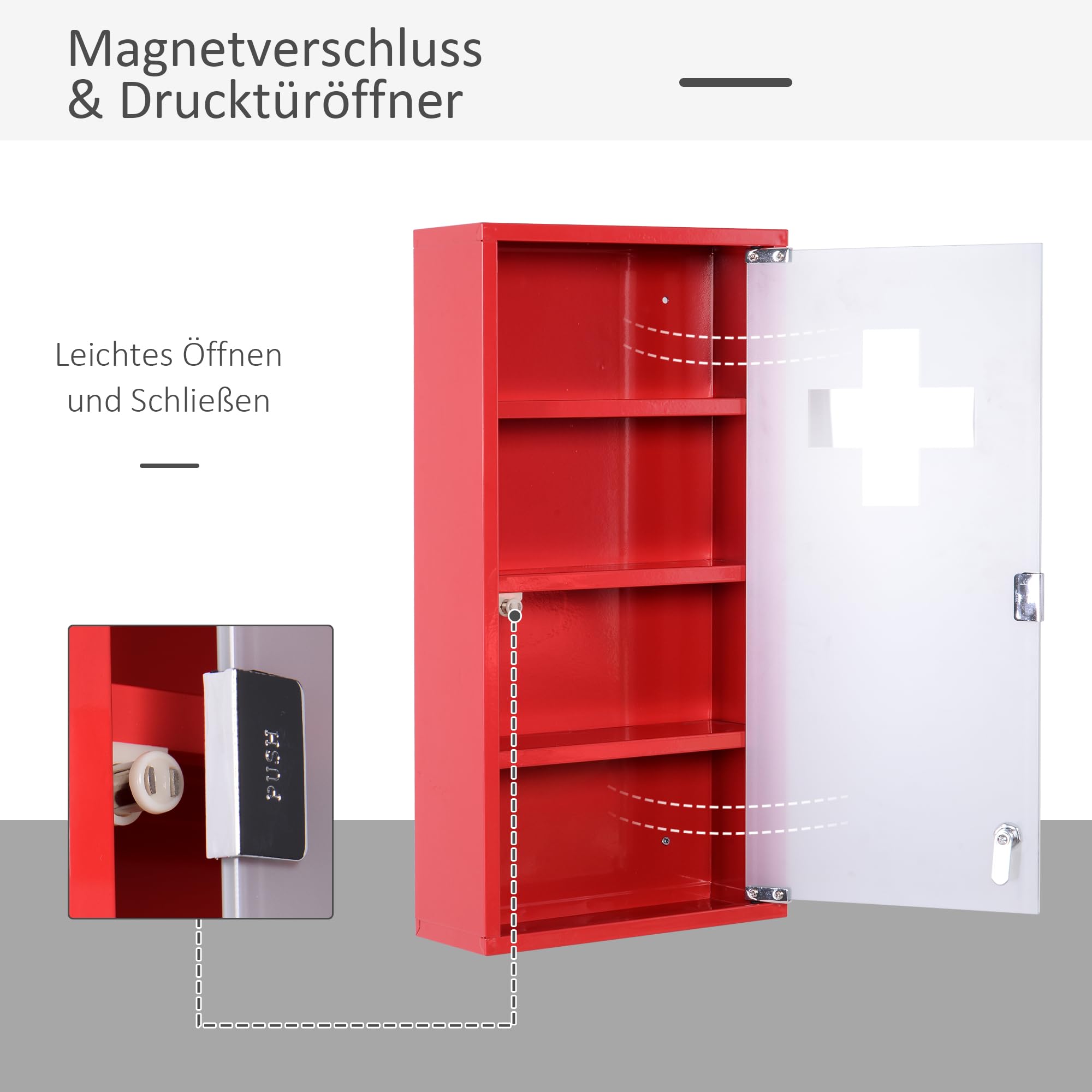 HOMCOM Medizinschrank aus Stahl Arzneischrank zur Medikamenten-Aufbewahrung, Abschließbar Apothekerschrank mit 4 Fächer, Glastür, 60 x 30 x 12 cm, Rot