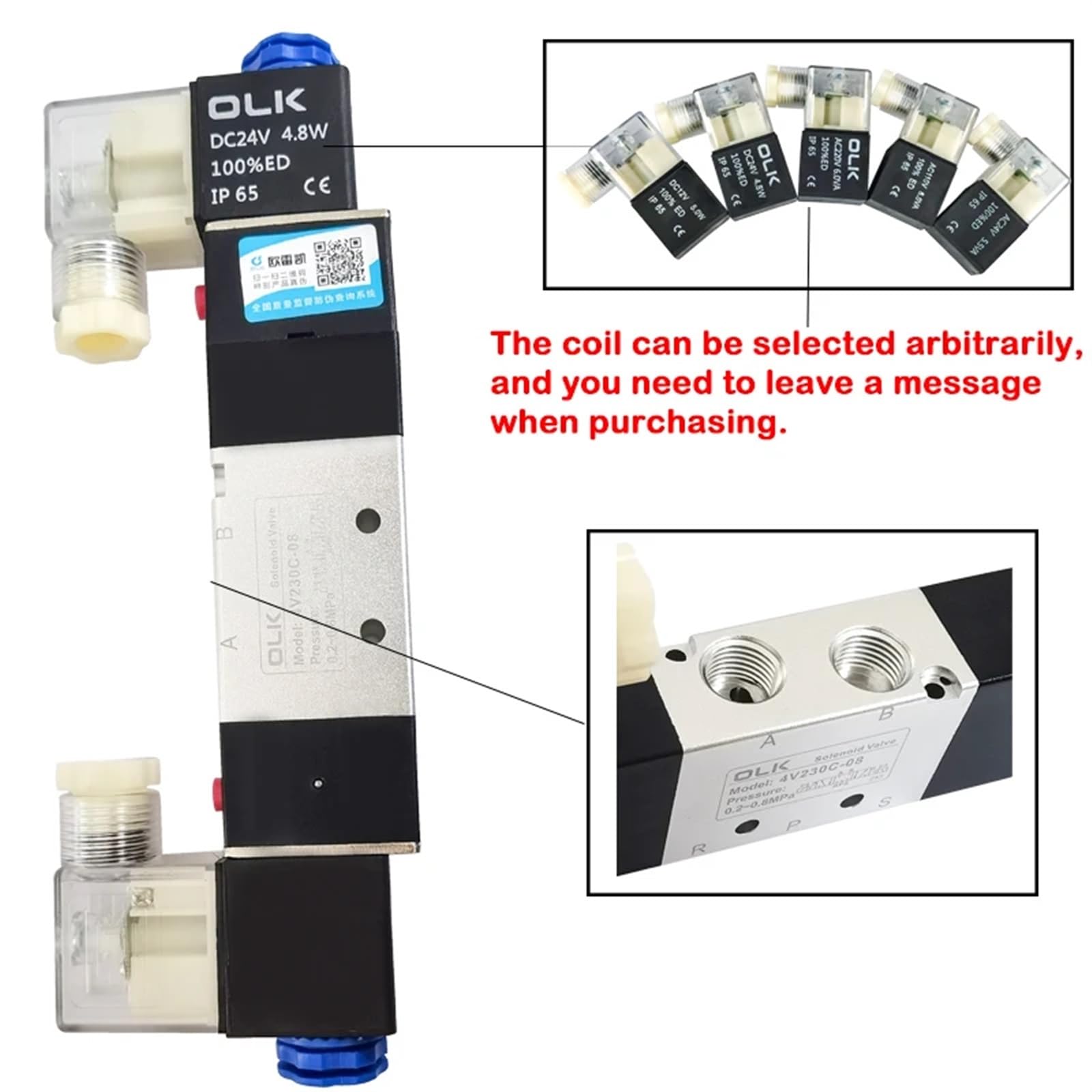 3 Posiciones 5 Puertos 4V130C-06 4V230C-08 4V330C-10 4V430C-15 Válvulas solenoides de Aire Control neumáticas Tamaño : DC12V(Coil,AC220V)