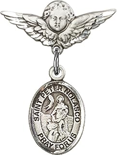 Sterling Silver Baby Badge with St. Peter Nolasco Charm and Angel w/Wings Badge Pin 7/8 X 3/4 inches