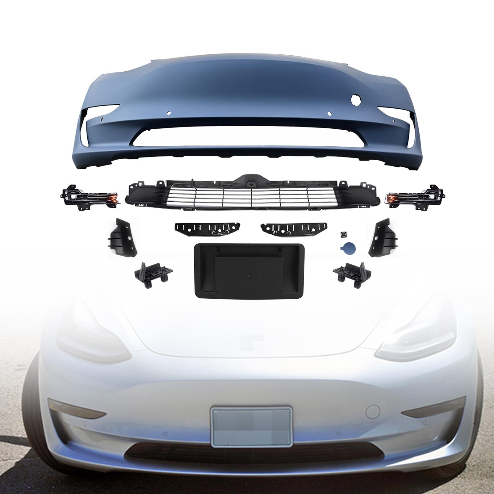 MGWILL Front Bumper Cover Kit Compatible with 2018 2019 2020 2021 2022 2023 Tesla Model 3 W/Fog Lights & Lower Grille Grill - Full Body Set