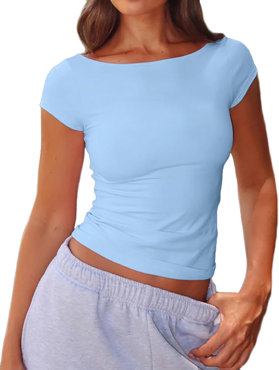 Beumissy Women's Boat Neck Short Sleeve T-Shirts Y2K Cute Going Out Tops Summer Baby Tees