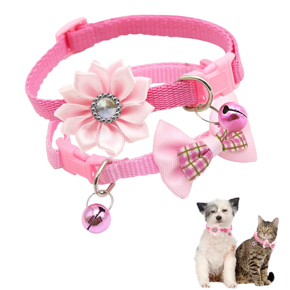 Collier rose pour chien et chat à motif floral : lot de 2 avec clochette ajustable taille XXS à XS