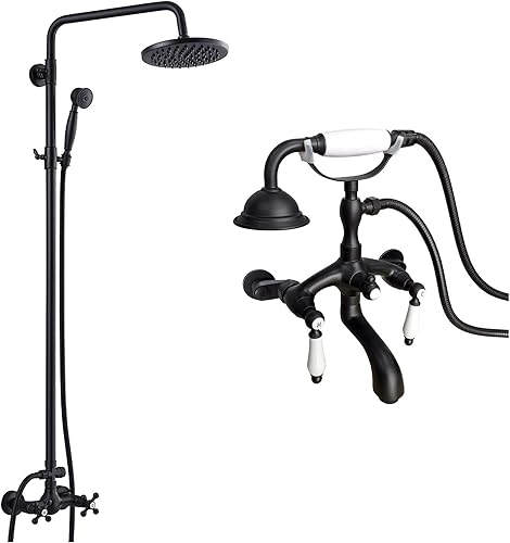 Juego de sistema de ducha de lluvia negro mate, 2 pomos cruzados, cabezal de ducha de lluvia de 8 pulgadas con rociador de mano montado en la pared,
