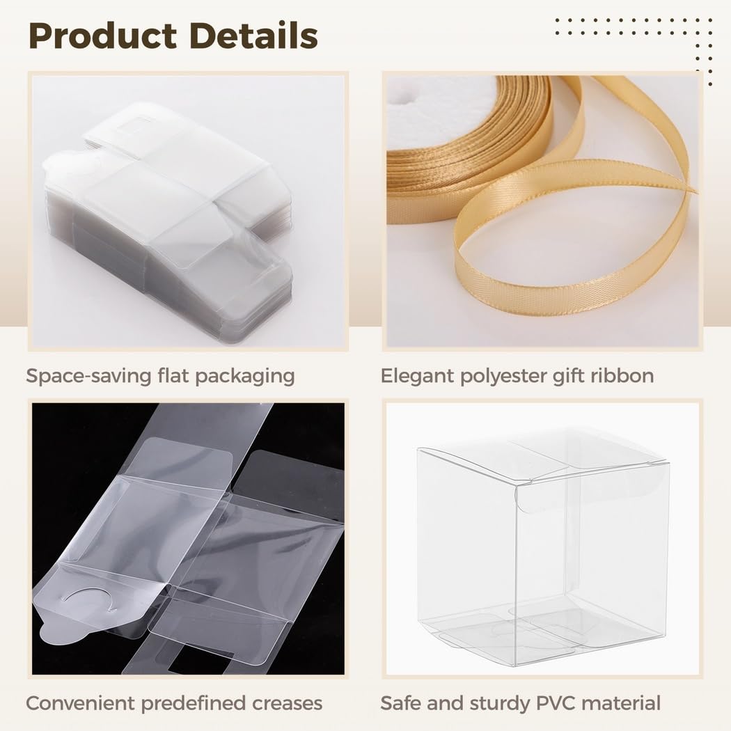 50 Stk. Klare Geschenkboxen, 2,76 × 2,76 × 2,76 Zoll, Party-Geschenkboxen mit Geschenkband, kleine Kunststoffboxen, Würfelboxen für Gebäck, Cupcake, Süßigkeiten, Hochzeit, Party