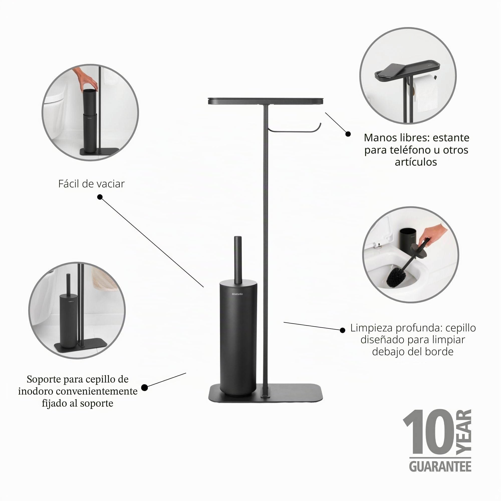 Brabantia - Mindset Mayordomo de Aseo - Estante de Baño, Portarrollos de Papel Higiénico & Escobilla de Inodoro Higiénica - Acero Resistente a la Corrosión - Gris Infinito - 75,5 x 12,5 x 29 cm