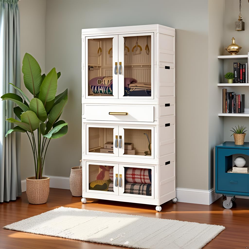 Kunststoff-Klappschrank mit Magnettüren und Rollen, 1 Aufhängung und 3 Aufbewahrungsplätze, 64x41x161,5 cm, Stabile und robuste Mehrzweckschränke für Zuhause und Büros