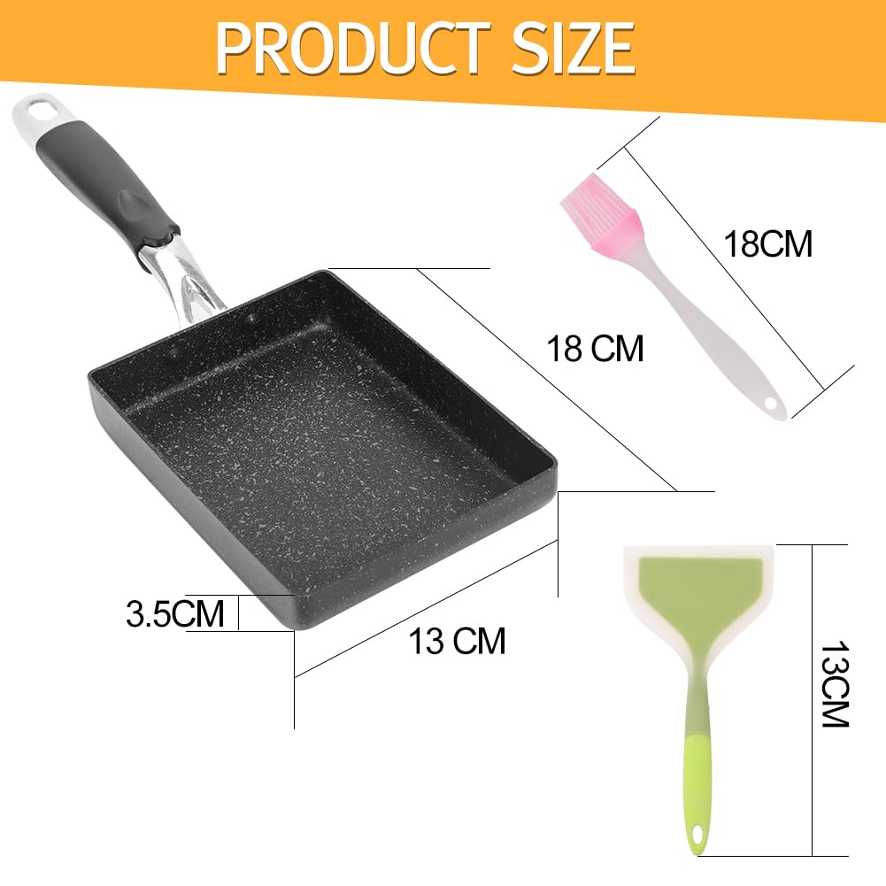 Padella Tamagoyaki, Padella per Omelette Giapponese, Uova, Pankache con Spatola in Silicone e Pennello, Padella Rettangolare per Frittata per Induzione e Gas (Nero)
