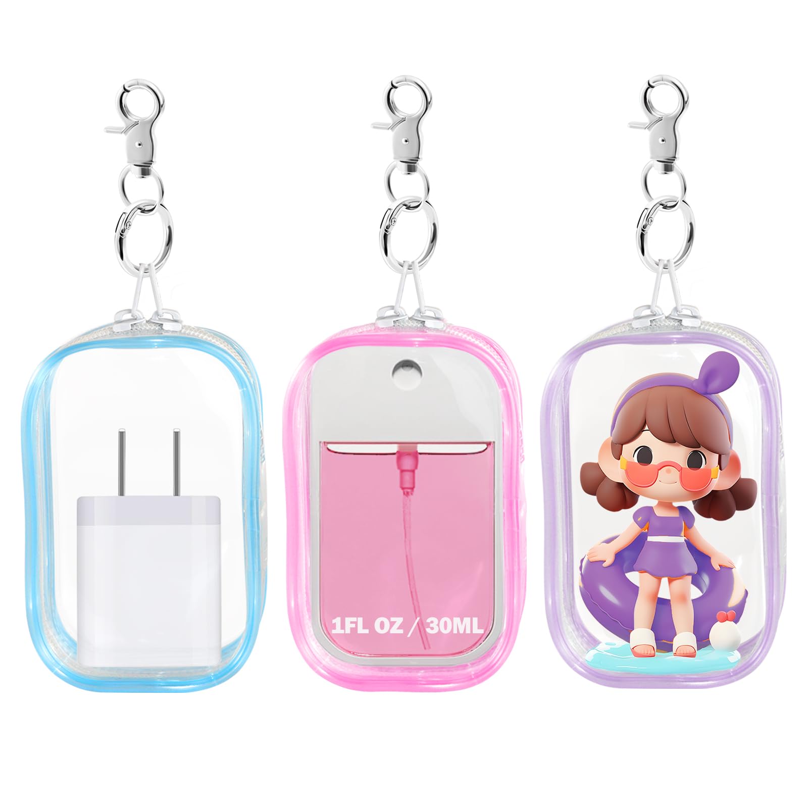 Hand Sanitizer Spray Clear Case for 1FL OZ/30ml, 3 Pack Hand Sanitizer Holder Zippered Pouch, Mini Clear Makeup Bag, Figures Display Bag, with Keychain Snap Hook (Pink &amp; Blue &amp; Purple)