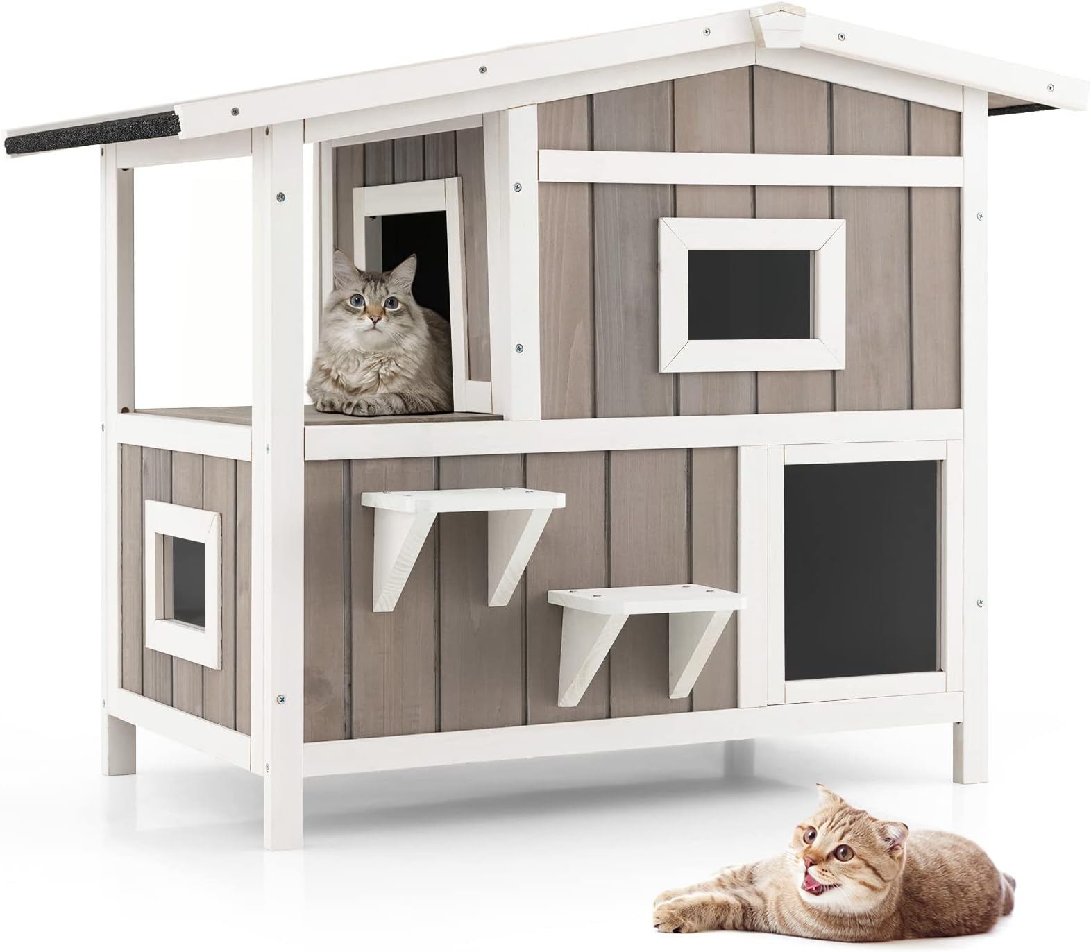 Deblue Outdoor Wooden Cat House With Cover – Weatherproof Feral Cat Shelter, Elevated Floor, Escape Door (Grey)