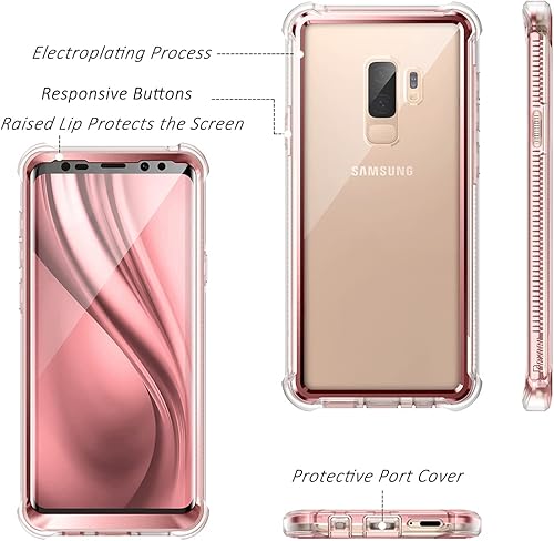 Vista 2 de Dexnor Funda compatible con Samsung Galaxy S9 Plus con protector de pantalla, marco galvanizado, cubierta trasera transparente, resistente 360