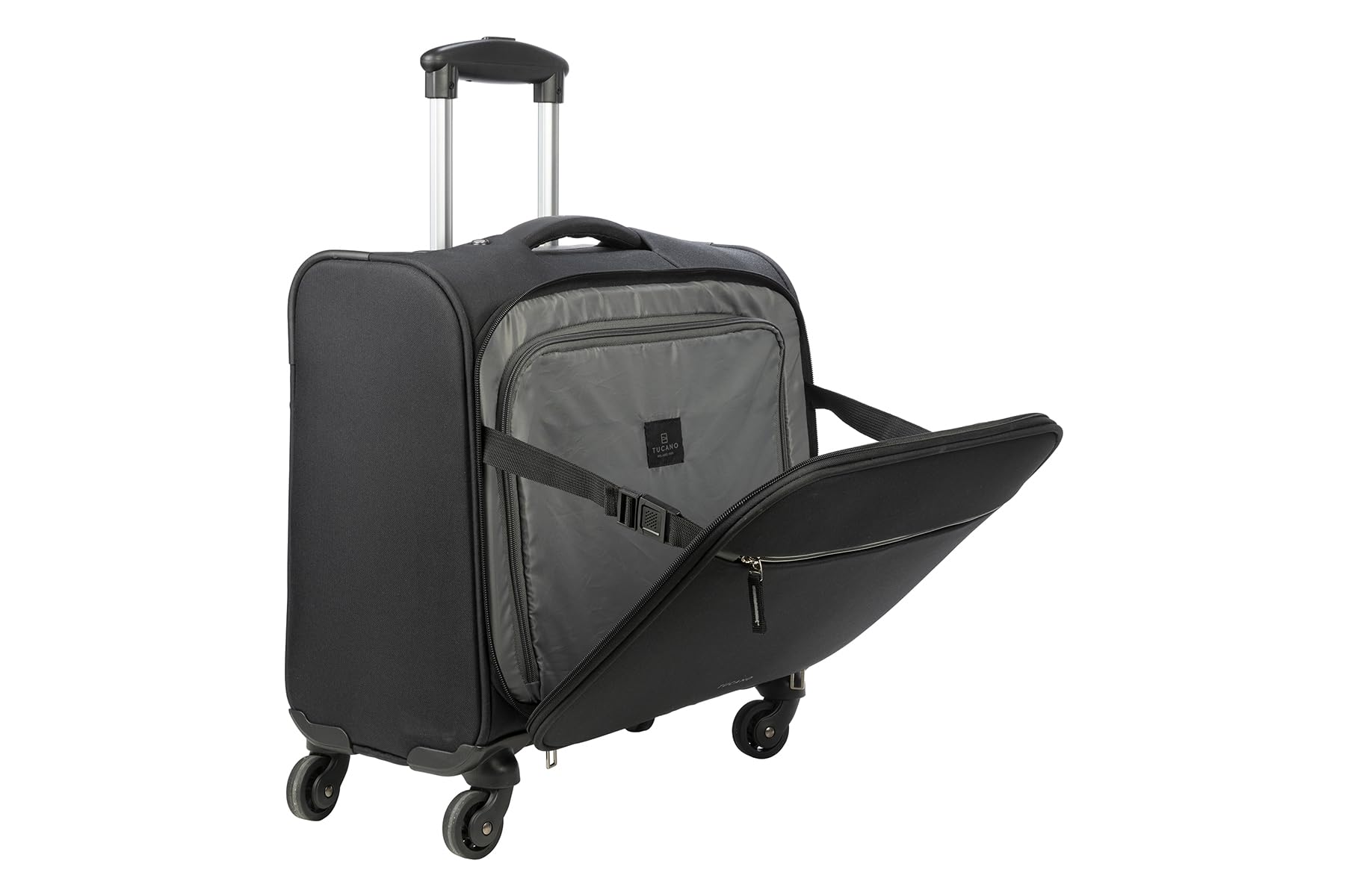 Tucano – Trolley per computer 14 e 15,6'' – 4 ruote 360°, scomparti spaziosi, spazio viaggio, manico telescopico retrattile, tasca anteriore e posteriore, Nero, Moderno