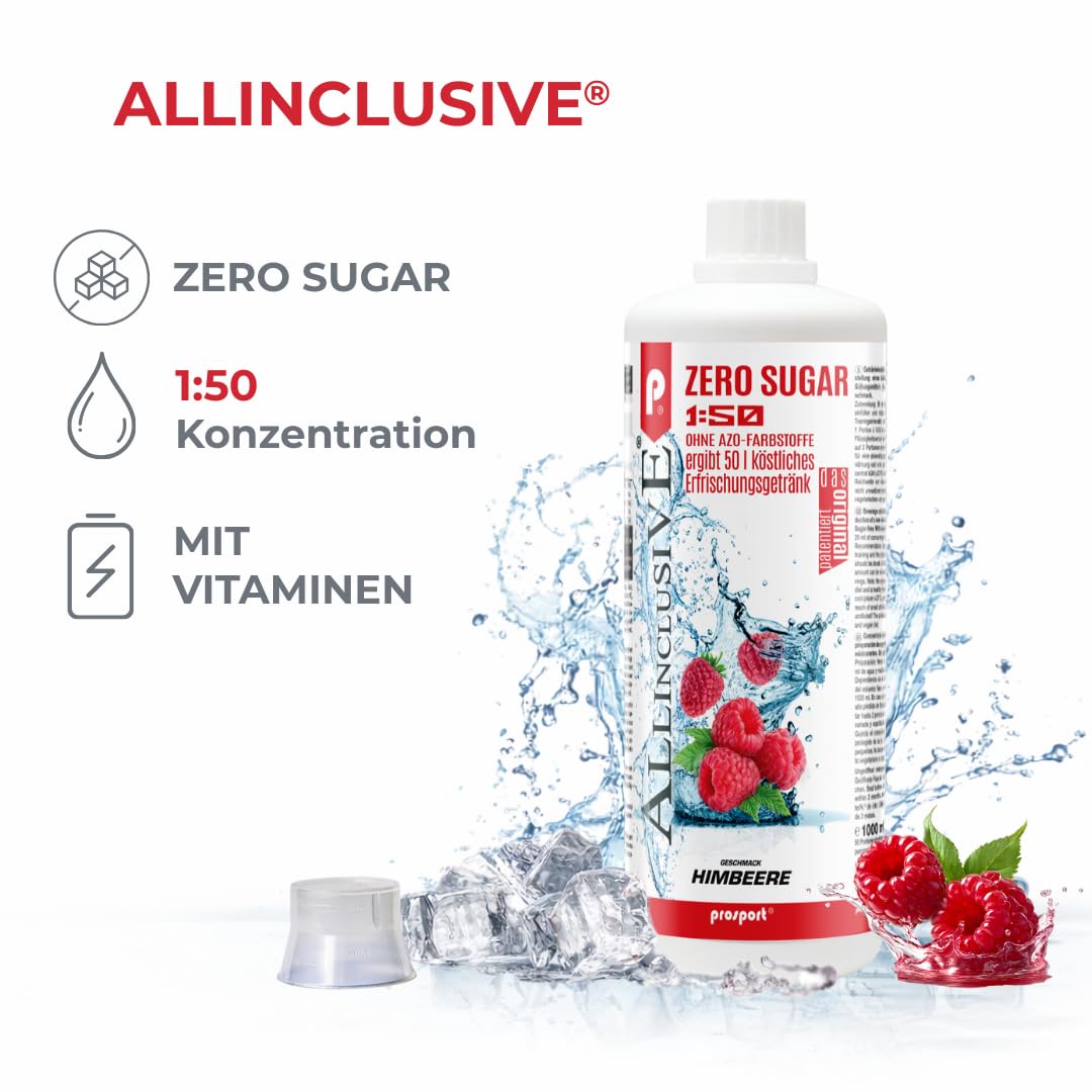 Prosport Allinclusive® Himbeere 1000ml + Dosierpumpe – ZERO SUGAR Sirup mit Vitaminen – Premium Getränkekonzentrat 1:50 – Ohne Zucker, Aspartam & Azofarbstoffe – Perfekt für Wassersprudler