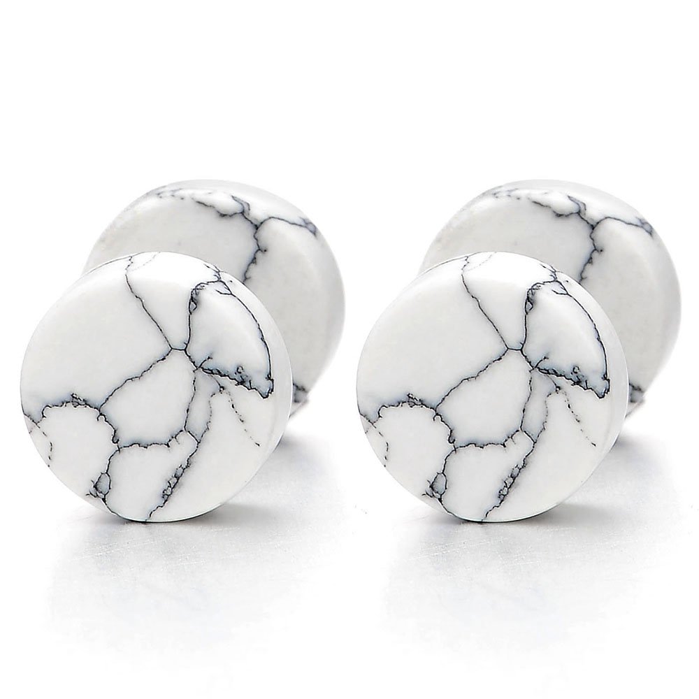 2pcs Marble Stud Earrings Men Women, Steel Cheater Fake Ear Plugs Gauges Illusion Tunnel