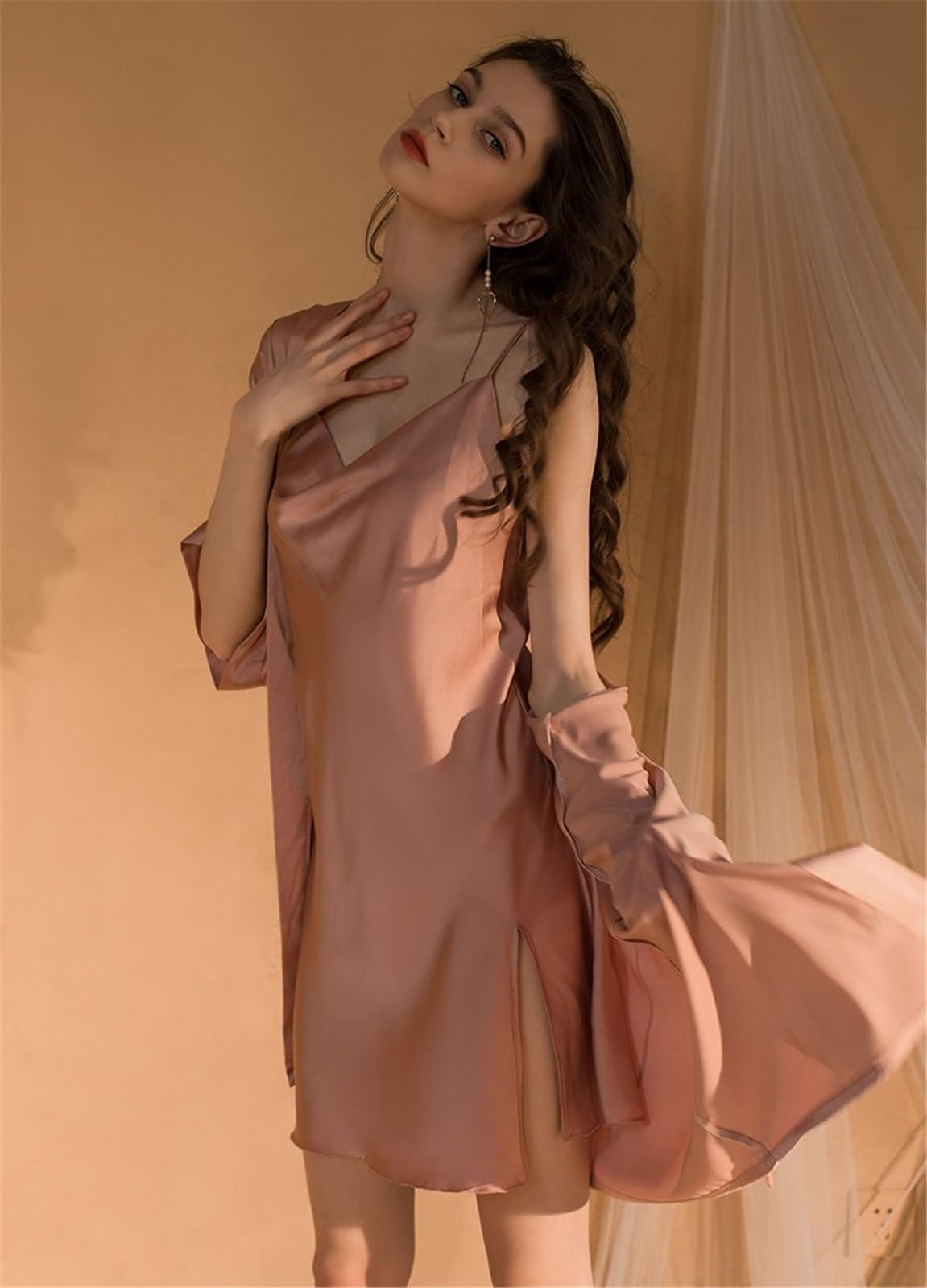 Femme Chemise Satin Col Bénitier Dentelle Lingerie