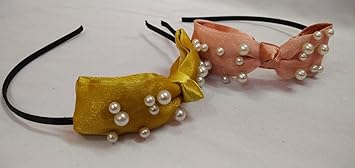 Hair Accessories Solid Fancy Fabric Bow Plastic Hairband for Girls Women Pack of 2 (Yellow-Orange)
