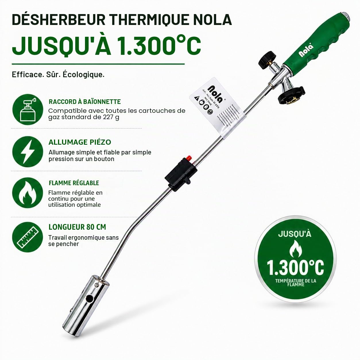 Désherbeur thermique NOLA max. 1,3 °C, connexion à baïonnette, herbicide de 80 cm, brûleur à gaz butane Art. 879, brûleur à gaz puissant, allumage piézoélectrique, flamme réglable, compatible : NOLA