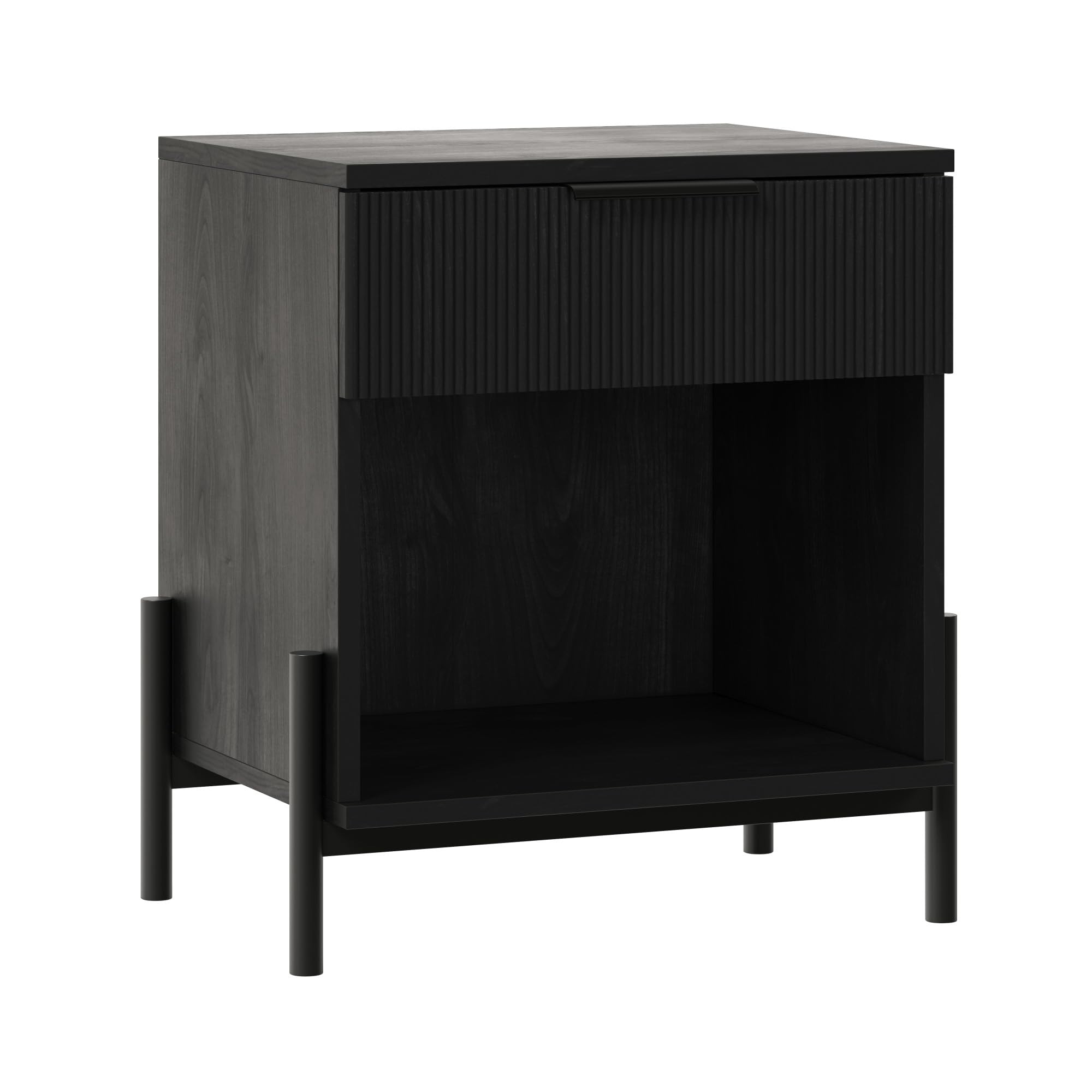 Walker Edison Modern Reeded-Drawer Nightstand with Open Storage, 24 Inch, Black