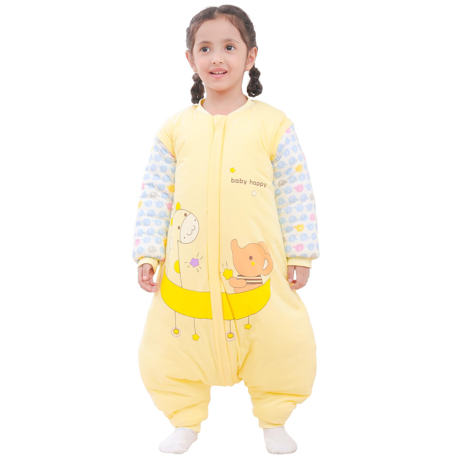 MIKAFEN Sacco nanna a maniche lunghe con piedi 3,5 tog invernale, per bambini - sacco nanna invernale con gambe - 100% cotone, Luna gialla (6-18 mesi)