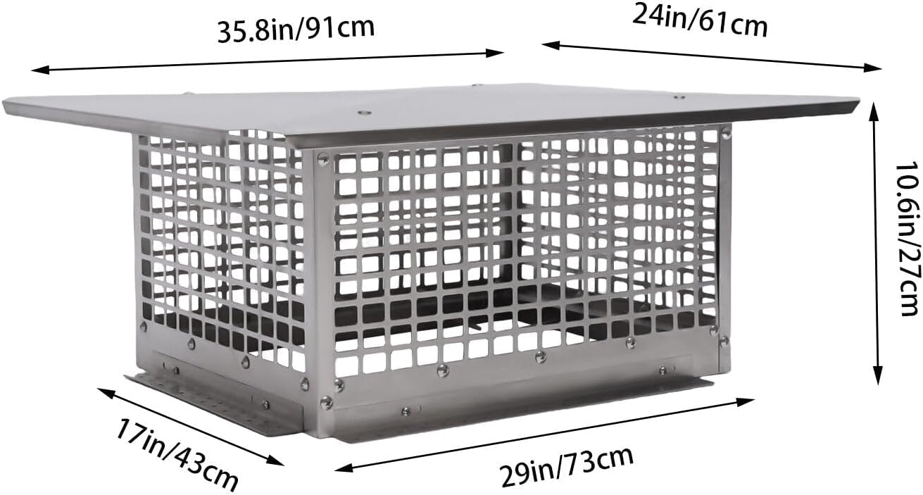 17" x 29" Chimney Cap, 304 Stainless Steel Fireplace Chimney Cover, Adjustable Metal Spark Arrestor with Bolts Screws for Home Outside Existing Clay Flue Tile