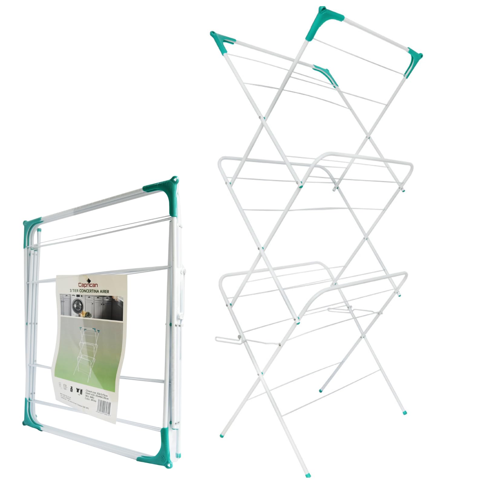 caprican 3 Tier Concertina Clothes Airer | Foldable Laundry Drying Rack | Indoor & Outdoor Clothes Dryer | Space Saving Airer with Non-Slip Feet and Hanger Slots Clothes Horse (White)