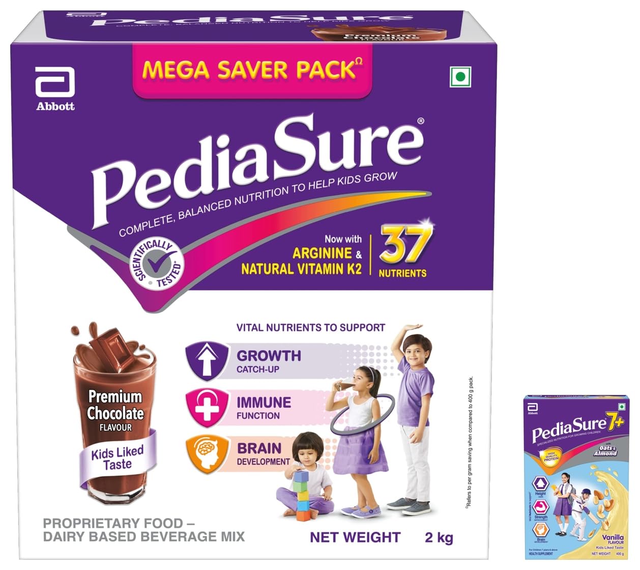 Complete Balanced Nutritional Supplement To Help Kids Grow - Pack Of 2 Kg Powder(Chocolate) Box, Purple & 7+ Specialized Nutrition Drink Vanilla Flavour 400 Gm Powder