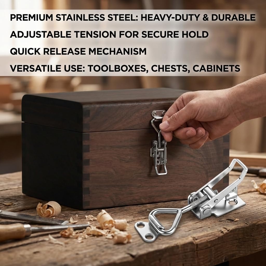 Stainless Steel Tension Lock Set - 2 Piece Box Lock with Keyhole - Adjustable, Robust Lever Lock for Cabinets, Doors, Boxes and More