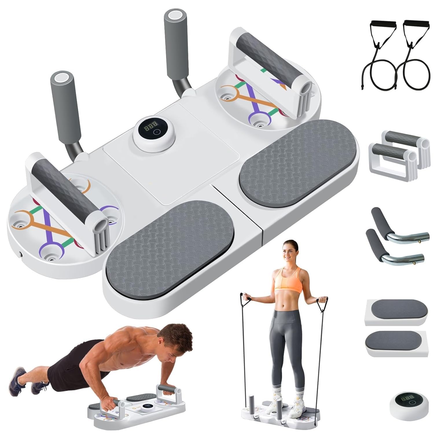 DERIKO Push Up Board- Multi-Function Portable Home Workout Equipment for Men and Women Includes -Push Up Bar, Plank System, Resistance Bands Electronic Time Counting for Strength Training at Home (Multicolored)