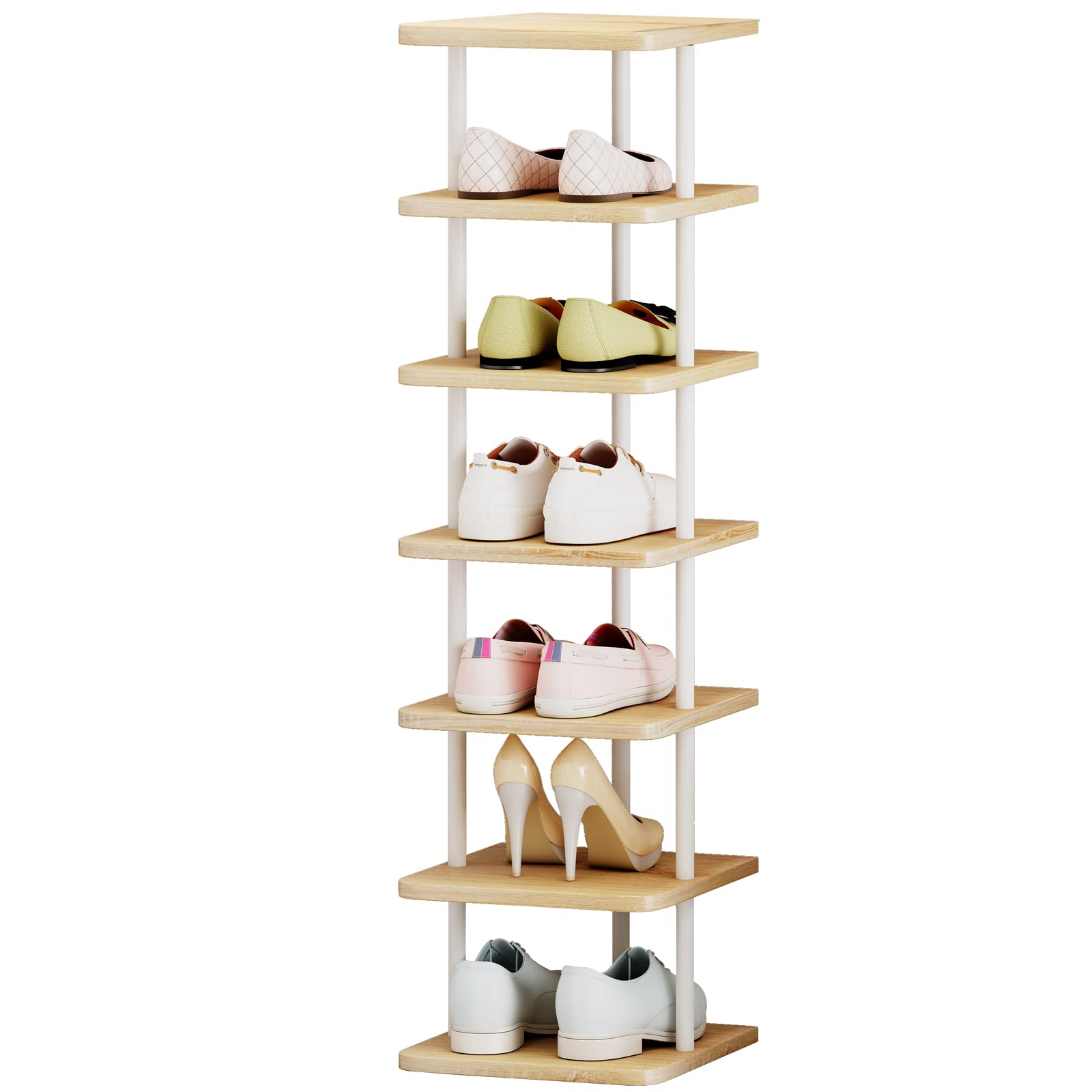 Shoe Rack 7 Tier Vertical Storage Organizer Narrow Metal Slim Shelf Modern Free Standing Shoe Tower Saving Space for Closet Entryway Bedroom,White