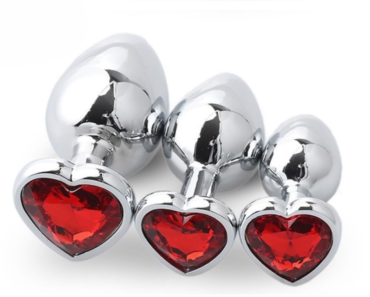 Lot de 3 bouchons anaux en métal (tailles S, M et L), avec des ornements luxueux en forme de cœur et des styles en cristal (rouge), des jouets érotiques