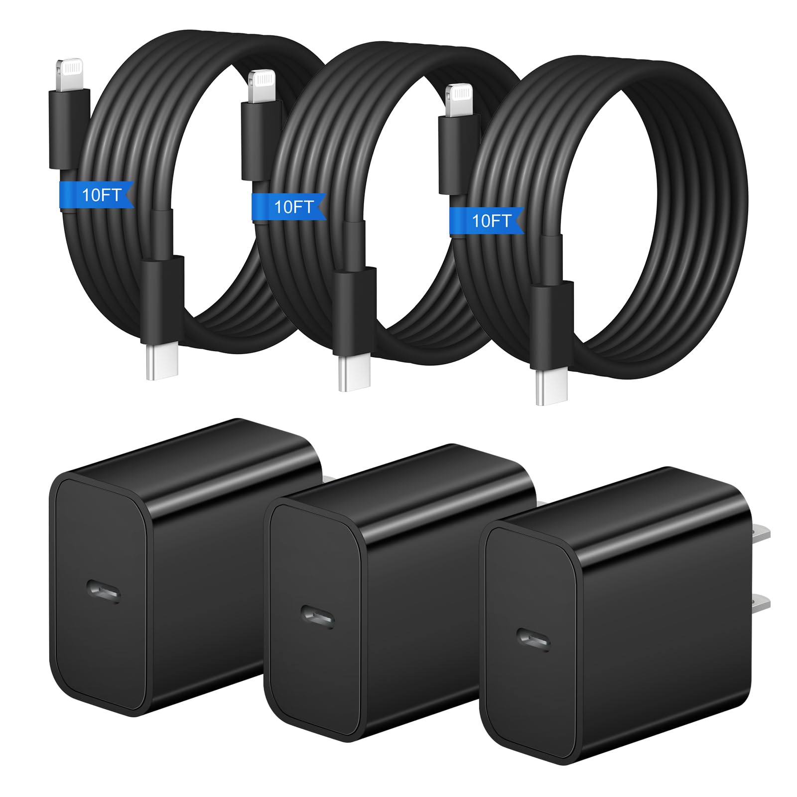 Cargador rápido para iPhone, paquete de 3 + 3 cargadores de pared USB C de 20 W con cable de carga rápida de 10 pies compatible con iPhone 14/13/12/11/Pro/Pro Max, color negro