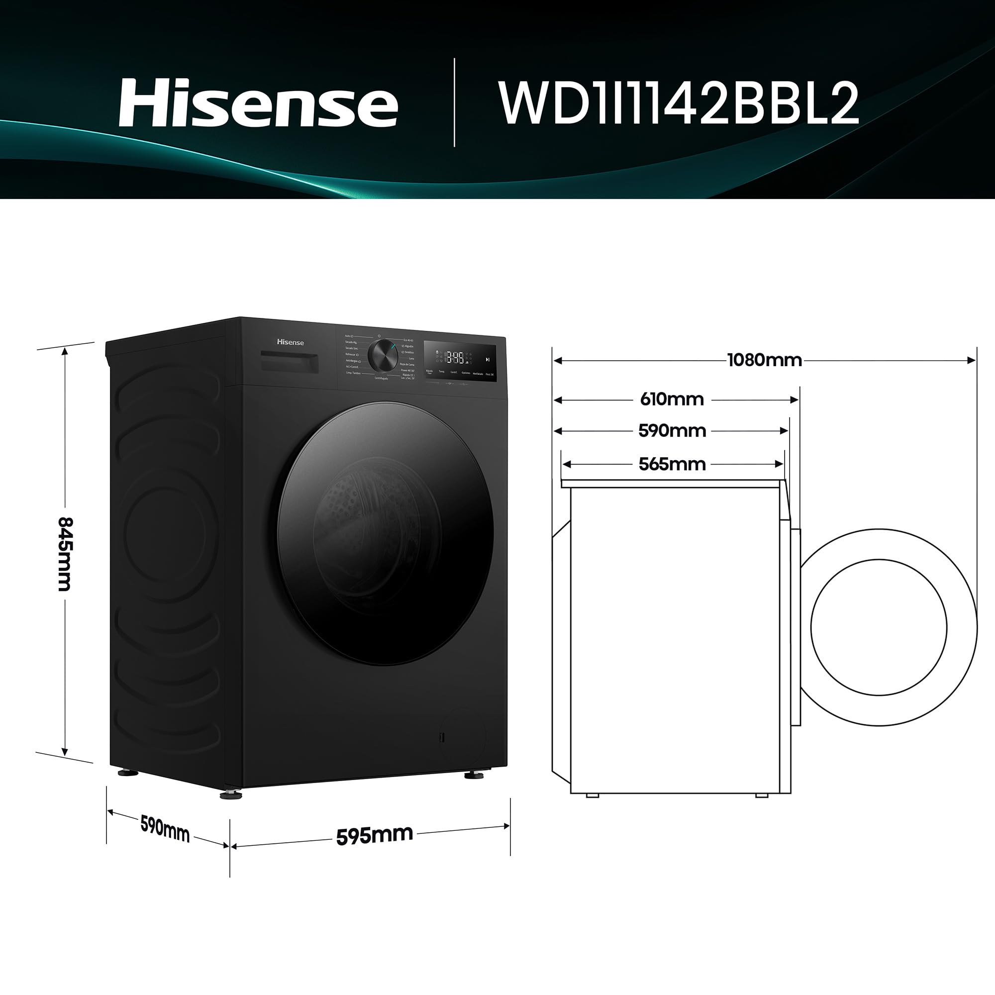 Hisense WD1I1142BBL2 - Lavasecadora 11 kg/7 kg, Fondo 59cm, 1400 rpm, Lavado y Secado 59', Dispensador Automix, Programa Lavado Auto, Función Antiarrugas, iFit™ Fondo Optimizado, Negro