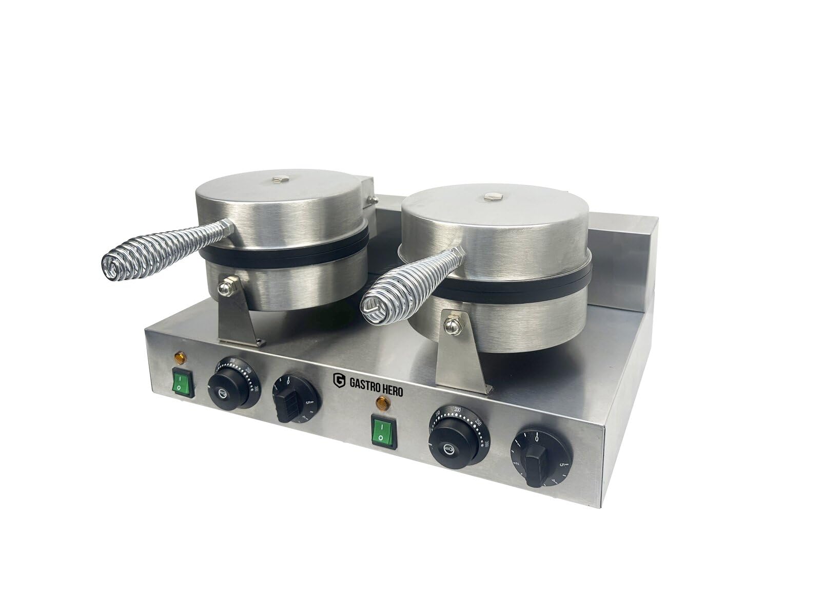 GastroHero Waffeleisen, rundes Doppel-Waffeleisen, Edelstahl FY-2 | Profi-Waffeleisen, 2x Ø180 mm Backplatte, regelbare Temperatur von 0 °C bis +250 °C, mit Temperaturregler & Signalleuchte