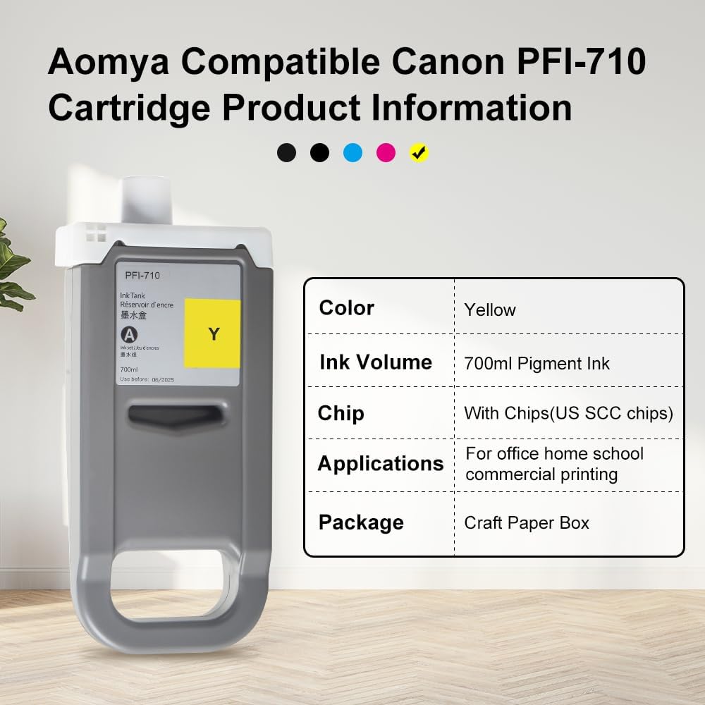 Aomya Compatible Canon PFI-710YL PFI710 PFI-710 Ink Cartridge for Canon imagePROGRAF TX-3000 TX-2000 TX-4000 TX-5000 Printers(Yellow Pigment Ink,700ML)