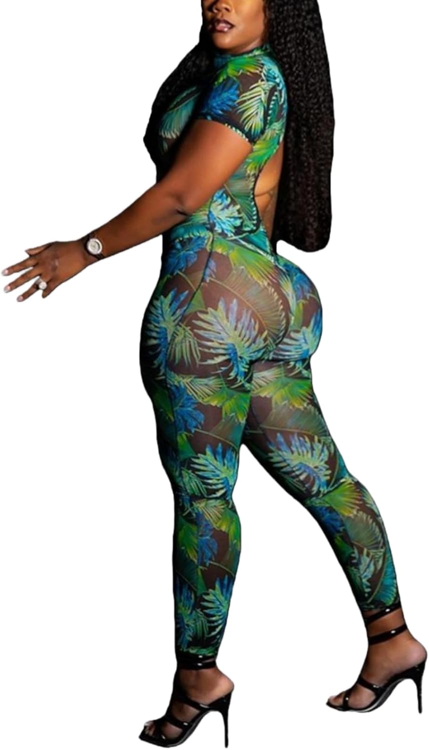 Jumpsuits for Women Sexy See Through Print Halter Jumpsuit Short Sleeve Bodycon Jumpsuit Going Out Outfits