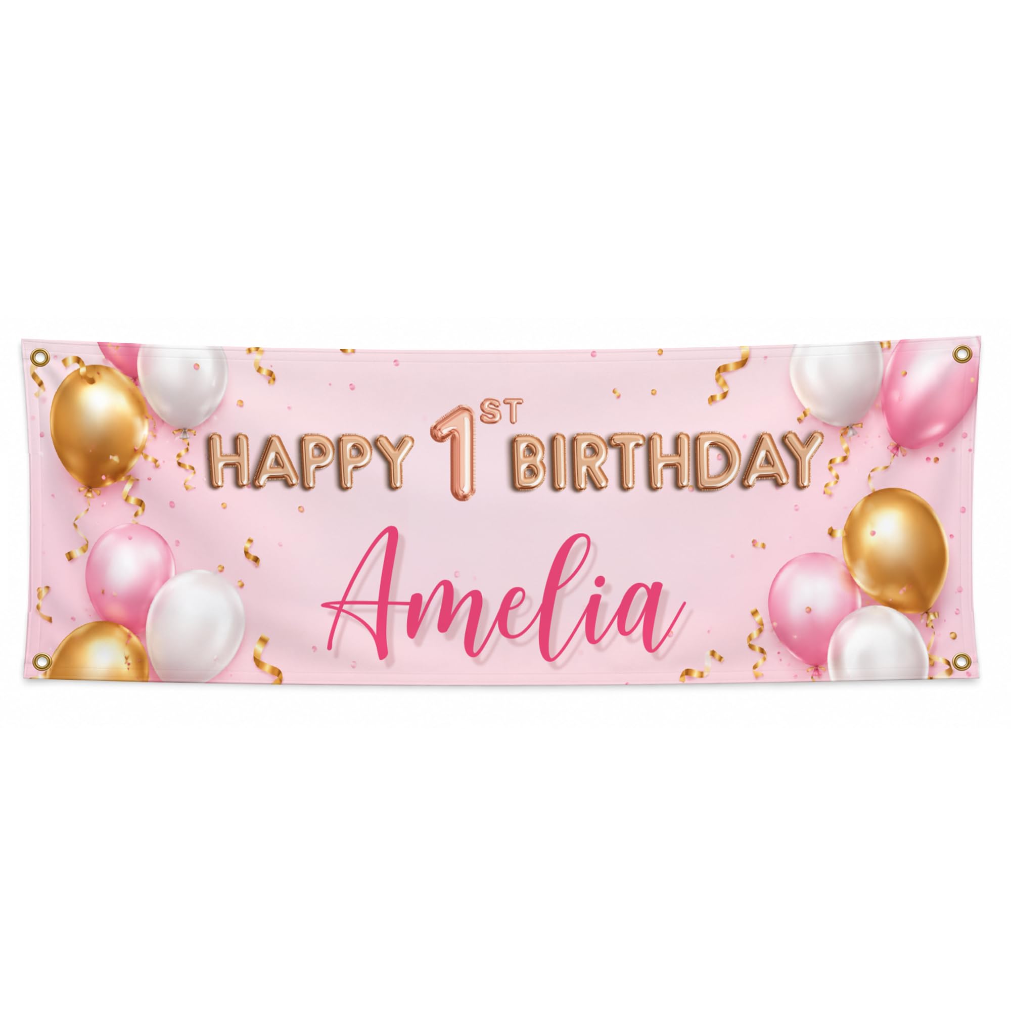 Personalised Birthday Banner with Name & Age, Custom Party Decoration (Pink & Gold Balloons)