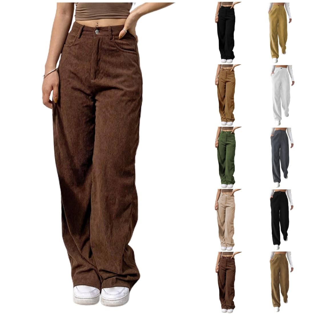 Corduroy Pants Women Vintage Corduroy Wide Leg Pants High Elastic Waist Straight Leg Pant Comfy Trouser with Pockets