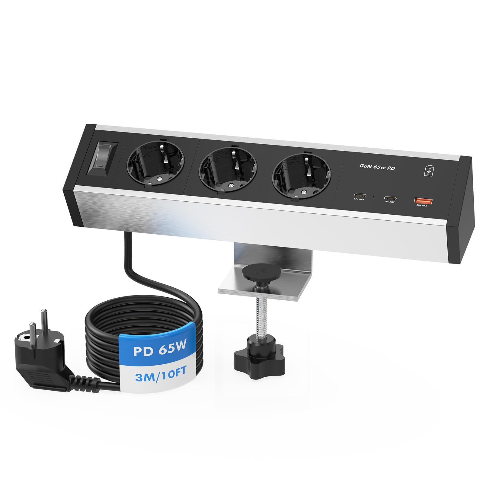 Regleta de Escritorio con USB-C PD 65W GAN, 3 Tomas, con Pinza | USB-C2 y USB-A hasta 25W, carcasa de aluminio, interruptor, protección contra sobrecargas, cable 3 m, oficina y escritorio