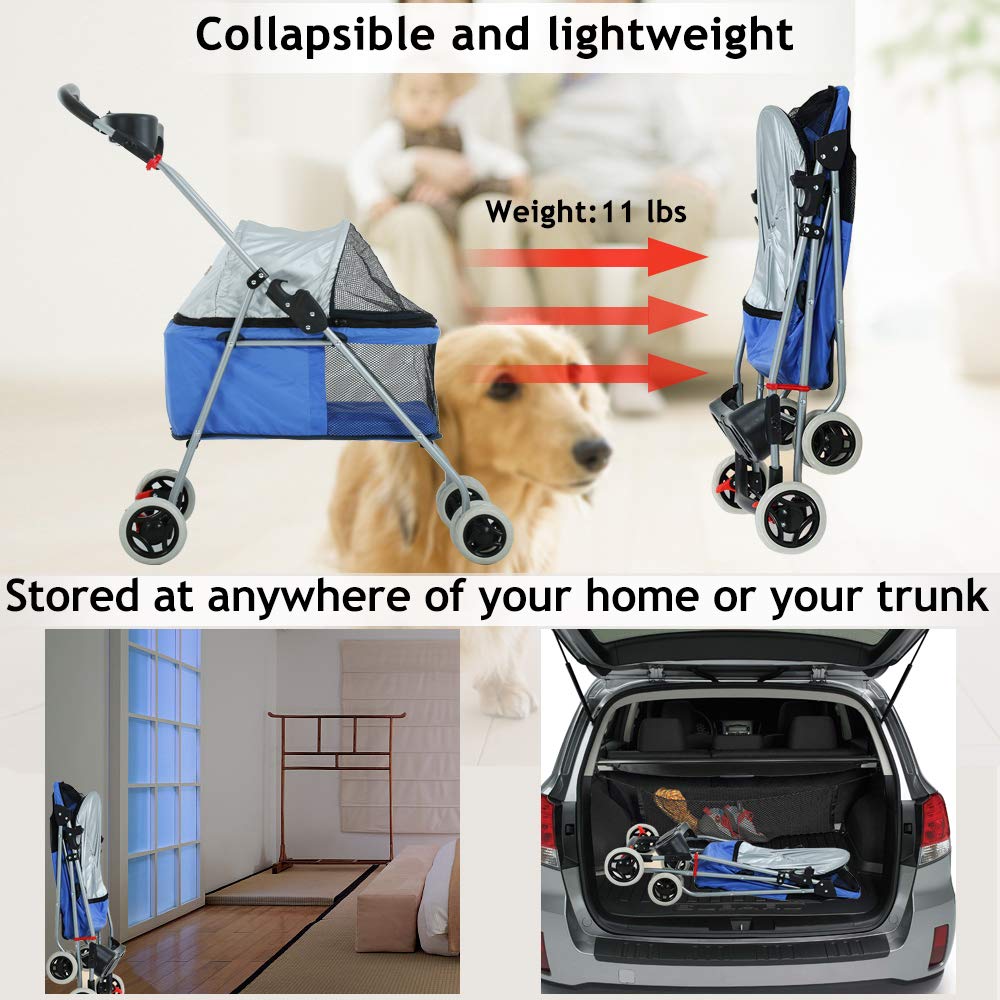 HHS Dog Stroller Pet Stroller 4 Wheels Traveling Folding Lightweight Pet Carrier for 2 Medium Small Dogs & Cats Portable Strolling Jogger Trolley with Cup Holders and PVC Wheel Brake, Blue