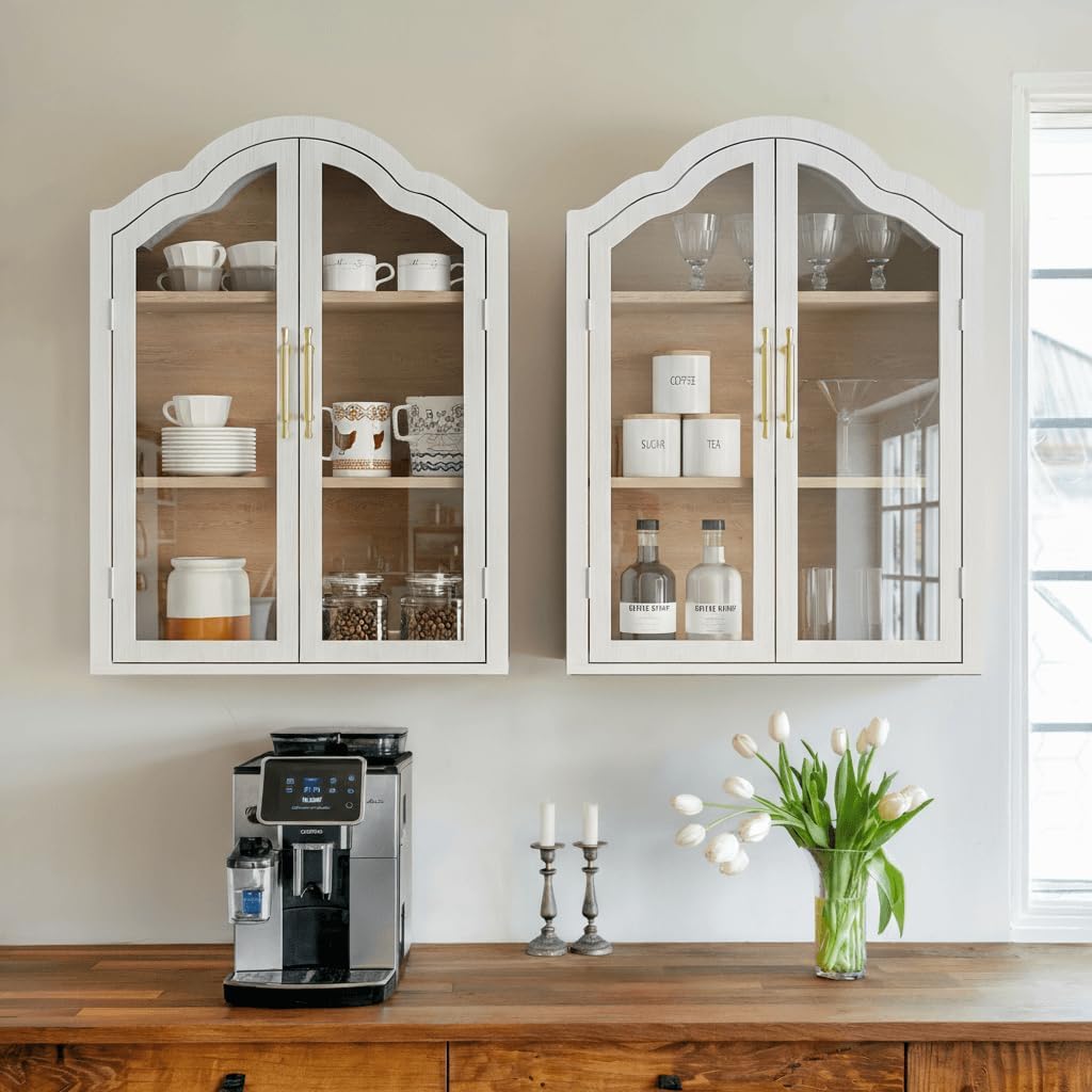 FIMELLO 47.2’’W Wave Design Arched Wall Cabinet, Bathroom Cabinet with Glass Doors Adjustable Shelf, Above Toilet Cabinet, Kitchen Wall Cabinet, Wall Bookshelf, White Grain