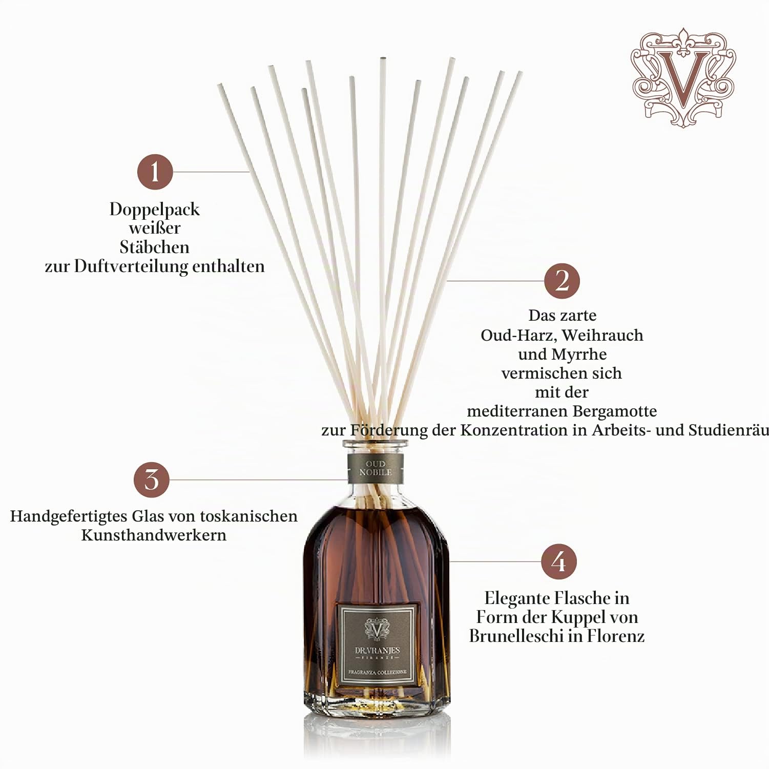 Dr. Vranjes - Oud Nobile Diffuser + Doppelback weiße Stäbchen (3 Stück) - Luxus-Raumduft, Made in Italy, Hauptnote: Oriental, Duftpyrammide: Bergamotte, Oud, Myrrhe (500 ml)