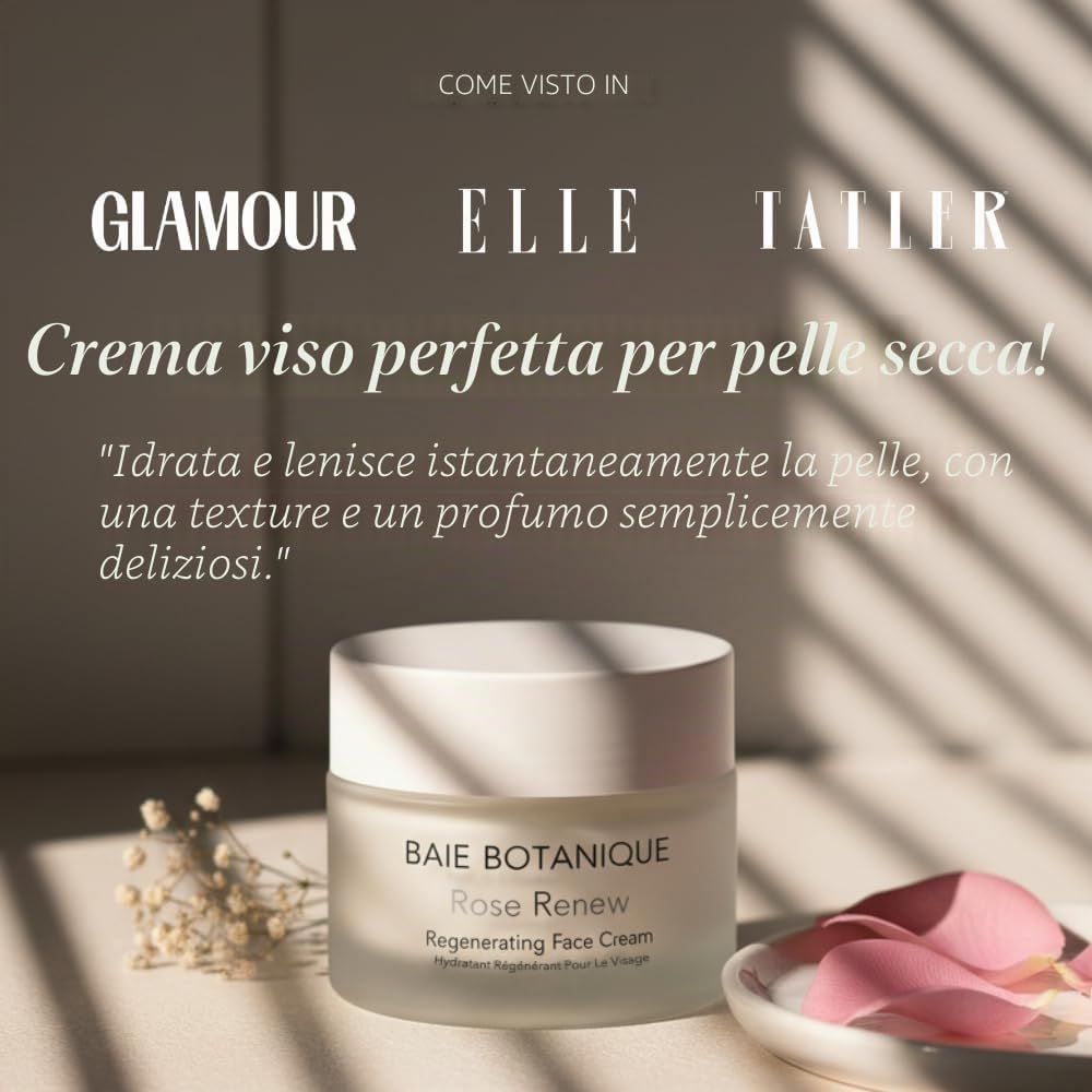 Baie Botanique Professionale Crema Anti-Età per il Viso 50ml - Cellule Staminali Vegetali, Acqua di Rose, Olio Semi di Cinorrodo e Assoluta di Rosa, Acido Glicolico - 98% Naturale, 70% Organica
