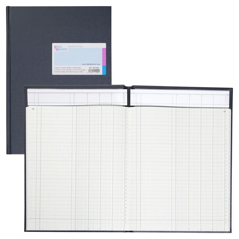 Konig & Ebhardt 8611042-7104P96KL - Registro a 4 colonne, con brossura, formato A4, 96 fogli