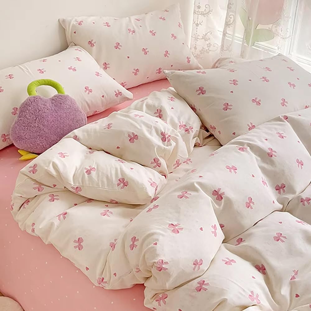 Housse de couette rose 200x200 pour enfant avec parure de lit kawaii à nœud papillon en microfibre