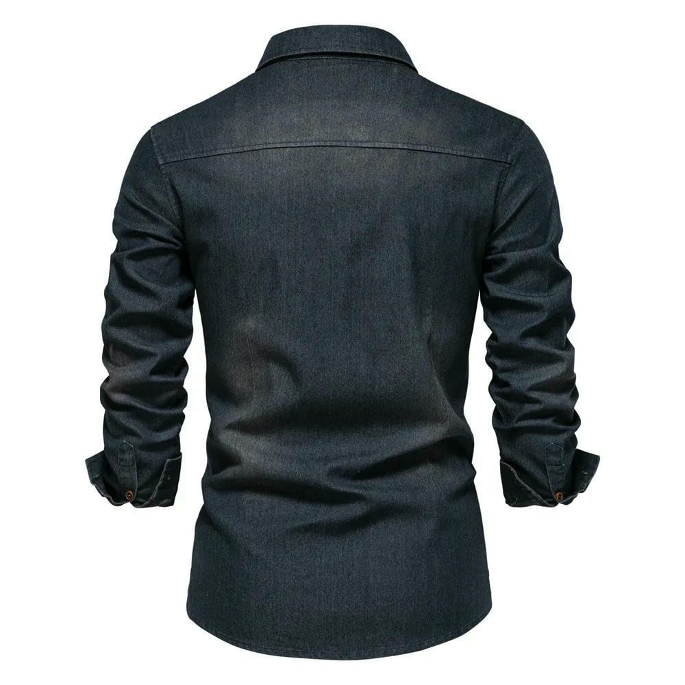 ZBDP Camicia in denim di cotone elastico da uomo a maniche lunghe in tinta unita camicie da uomo casual slim fit abbigliamento da uomo